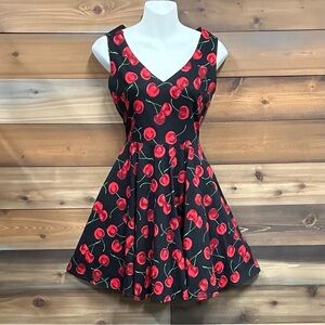 Cherry print Fit & Flare dress Small stretch cotton Retro